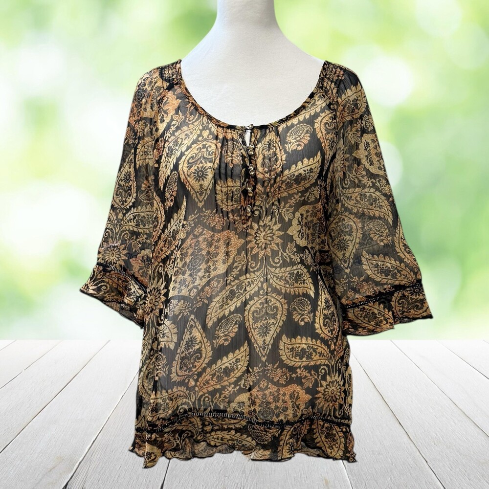 Vtg V CRISTINA Boho Bell Sleeve Tunic Jewel Button Paisley Sheer Chiffon Size S